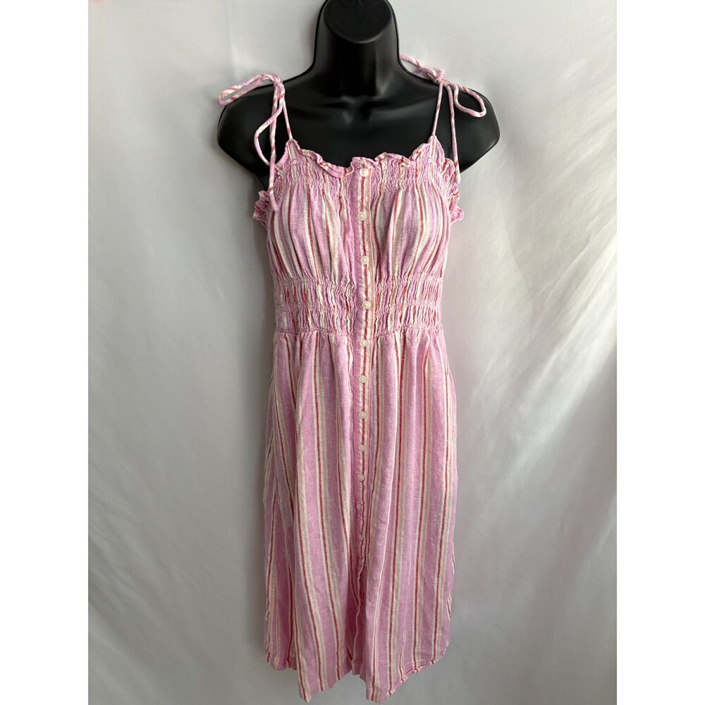 Universal Thread Pink Red Striped Linen Dress Midi Size M Lagenlook Prairie